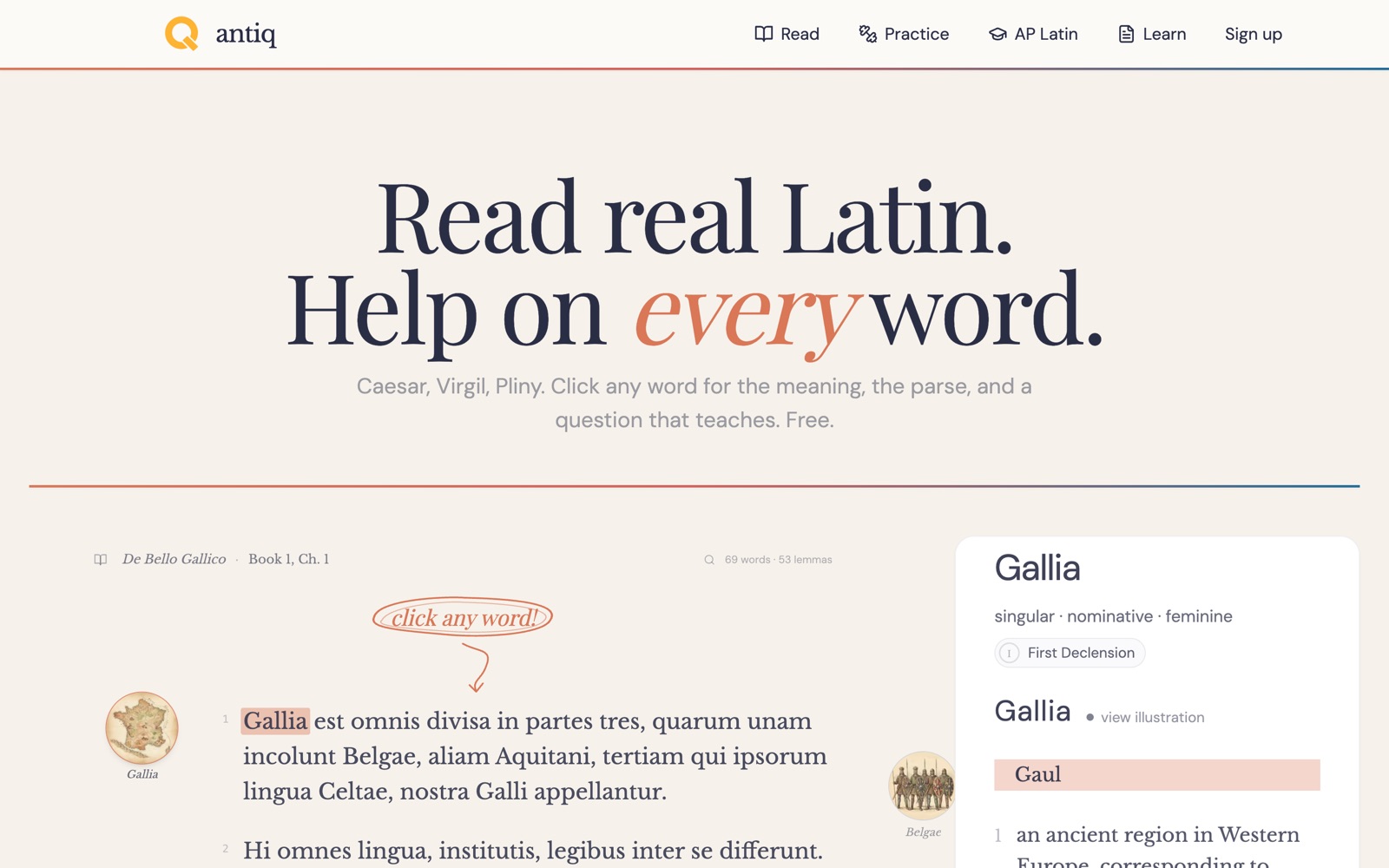 The antiQ.ai reader: Caesar’s De Bello Gallico, with the word Gallia parsed